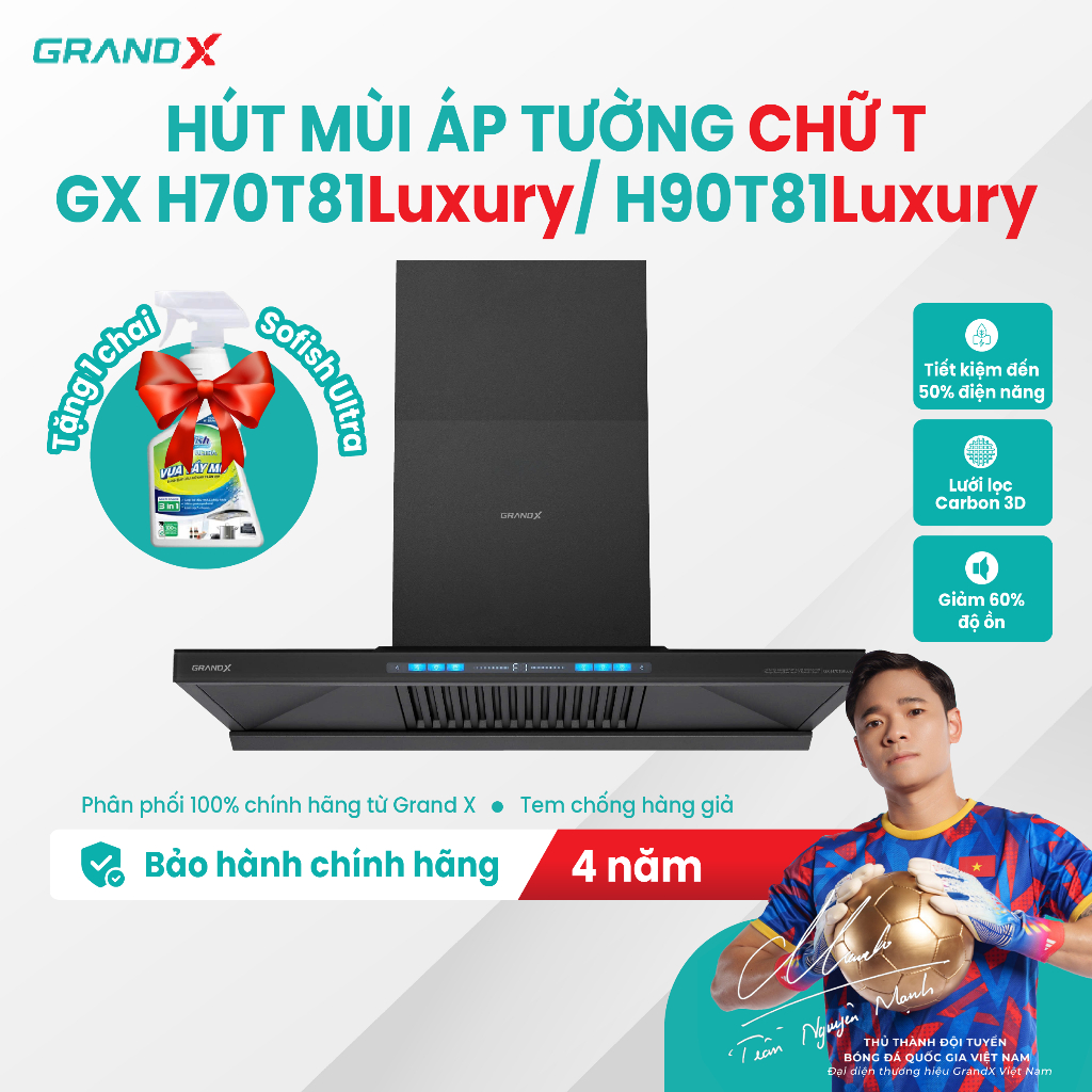 Hút mùi chữ T Grand X GX H70T81Luxury/ H90T81Luxury, tiết kiệm 50% điện năng, giảm độ ồn 60%
