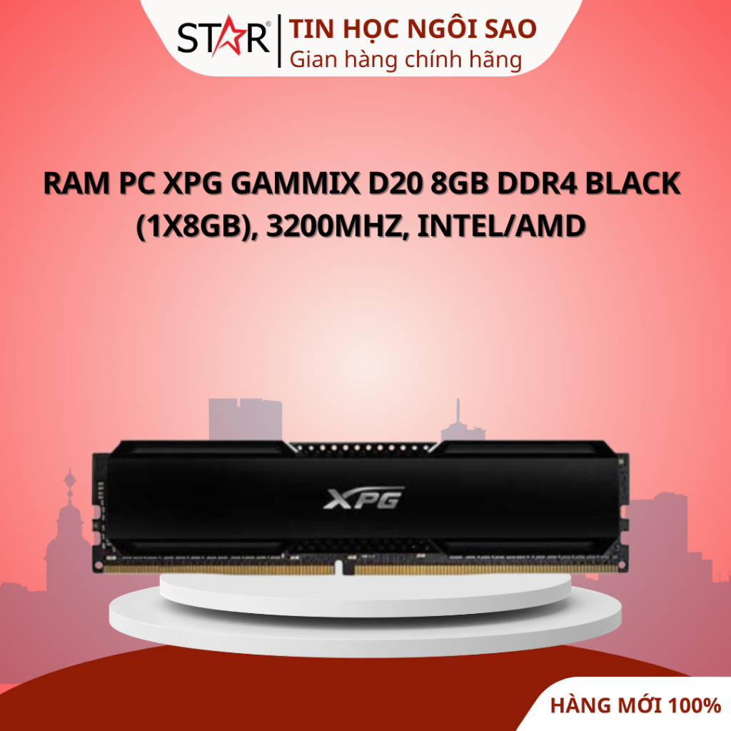 RAM PC XPG Gammix D20 8GB DDR4 Black | (1x8GB), 3200MHz, Intel/AMD - Bảo hành 60 tháng