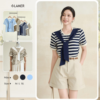 Áo Thun Nữ Basic LAMER FASHION Áo Kiểu Phối Khăn Liền Chất Cotton Mềm Mát Kẻ Sọc SPK O61B26H016