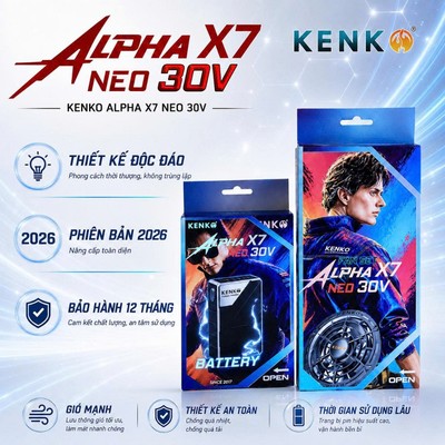 Bộ pin quạt gắn áo điều hoà KENKO Alpha X7 NEO 30V 24000mAh, 5 mức gió, quạt không chổi than,BH 12 tháng