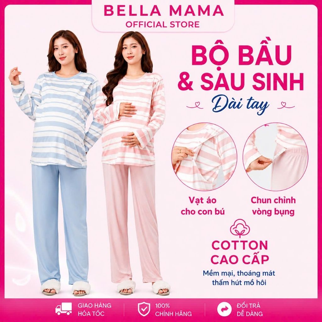 Bộ Bầu Mặc Nhà Cotton Bella Mama Đồ Bầu Sau Sinh Mở 2 Bên Cho Bú Quần Chun Chỉnh Bụng  Dài Tay- BN11