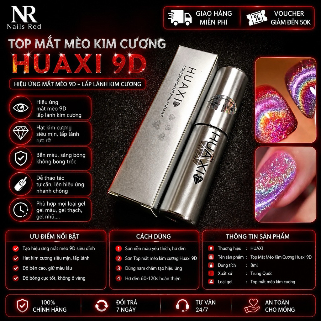 Mắt mèo kim cương Huaxi 9D chính hãng,  Sơn gel móng tay mắt mèo kim cương Huaxi siêu sáng - Nails R