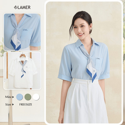 Áo Kiểu Nữ Sơ Mi LAMER FASHION Công Sở Ngắn Tay Dáng Suông Phối Khăn Liền SPK H61H24H002