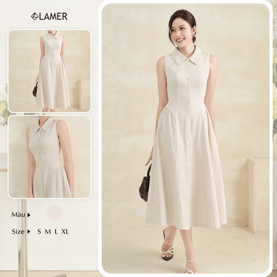 Đầm Công Sở Dáng Dài LAMER FASHION Sát Nách Cổ Bẻ Nhún Hông BSTV V63M26H007