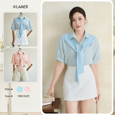 Áo Kiểu Nữ Sơ Mi LAMER FASHION Dáng Suông Kẻ Túi Ốp Phối Khăn Liền Ngắn Tay SPK H61H25H008