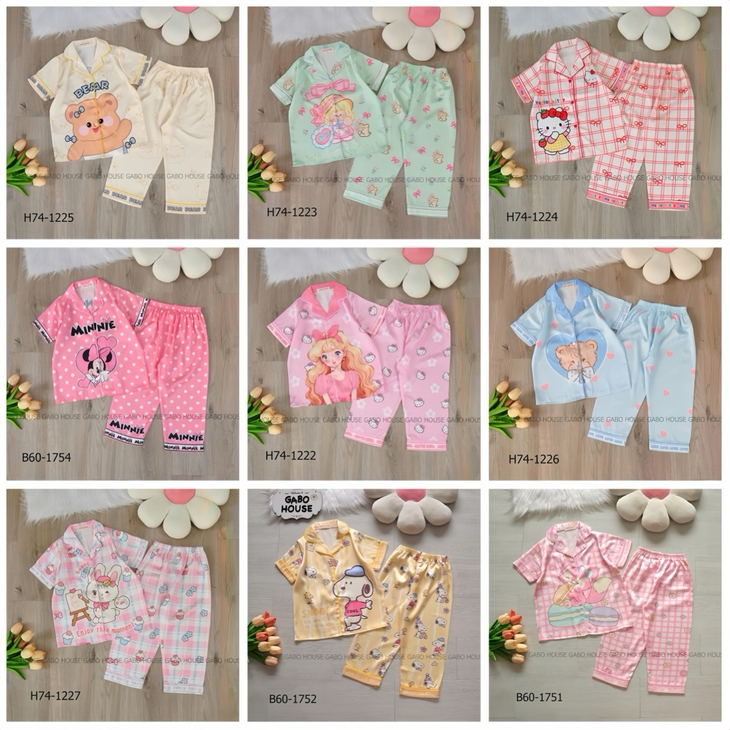Bộ quần áo pijama lụa latin tay ngắn quần dài cho bé gái in hoạt hình GABO HOUSE B60, H74