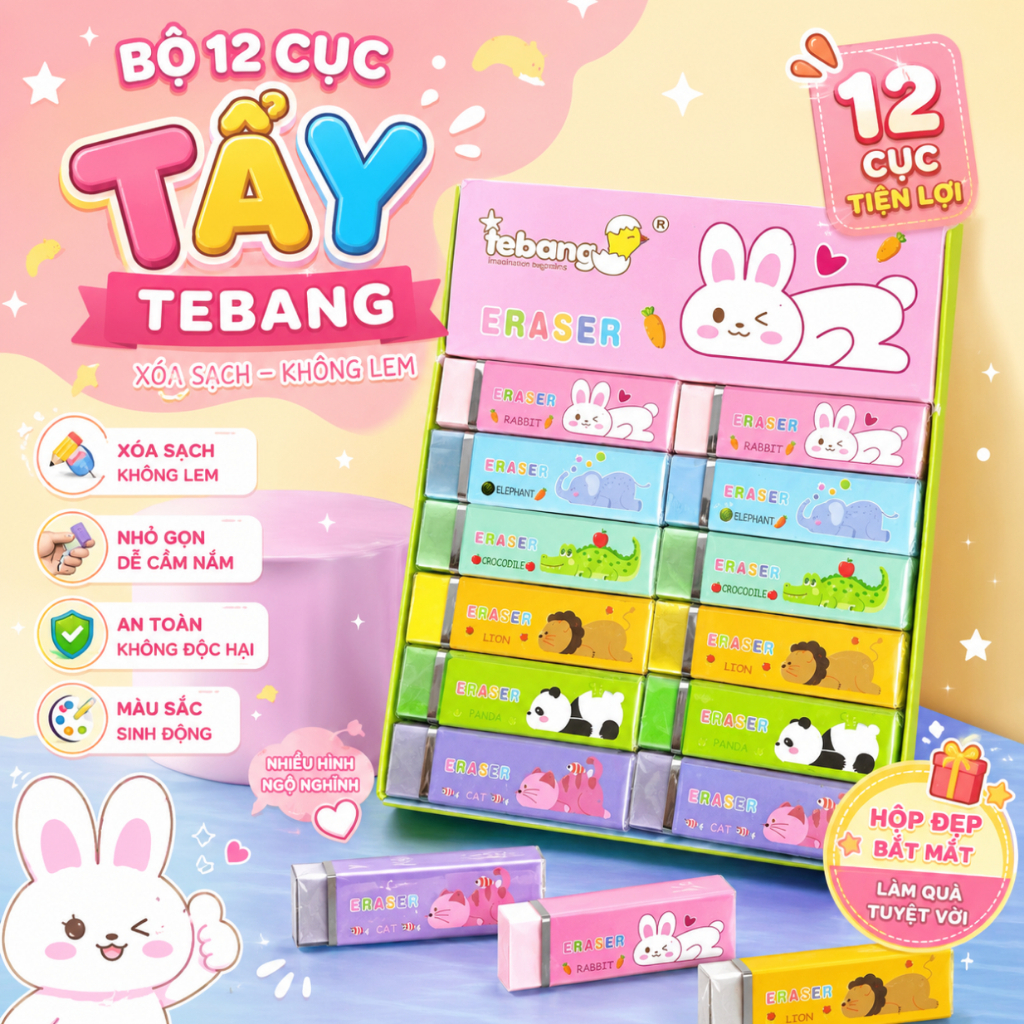 [6613] Combo 18/ 36 Cục Gôm Bút Chì-Tẩy Bút Chì 6613 Thỏi Hình Thú Dễ Thương, Loại Dày, Tẩy Sạch