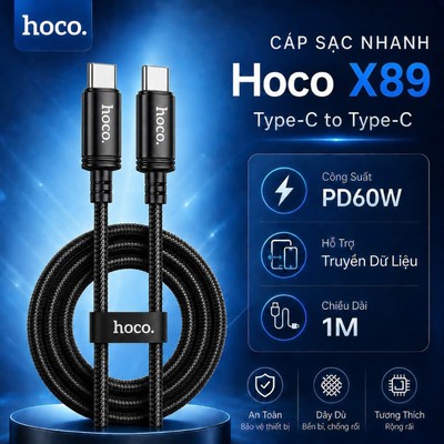 Cáp sạc nhanh PD60W TypeC to TypeC Hoco X89 hỗ trợ truyền dữ liệu, dùng cho 15 trở lên/Android dài 1M