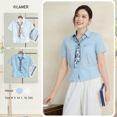 Áo Kiểu Nữ Sơ Mi Trắng Công Sở LAMER Phối Khăn Nhún Eo Ngắn Tay Cổ Đức Basic SPK O61H26H015