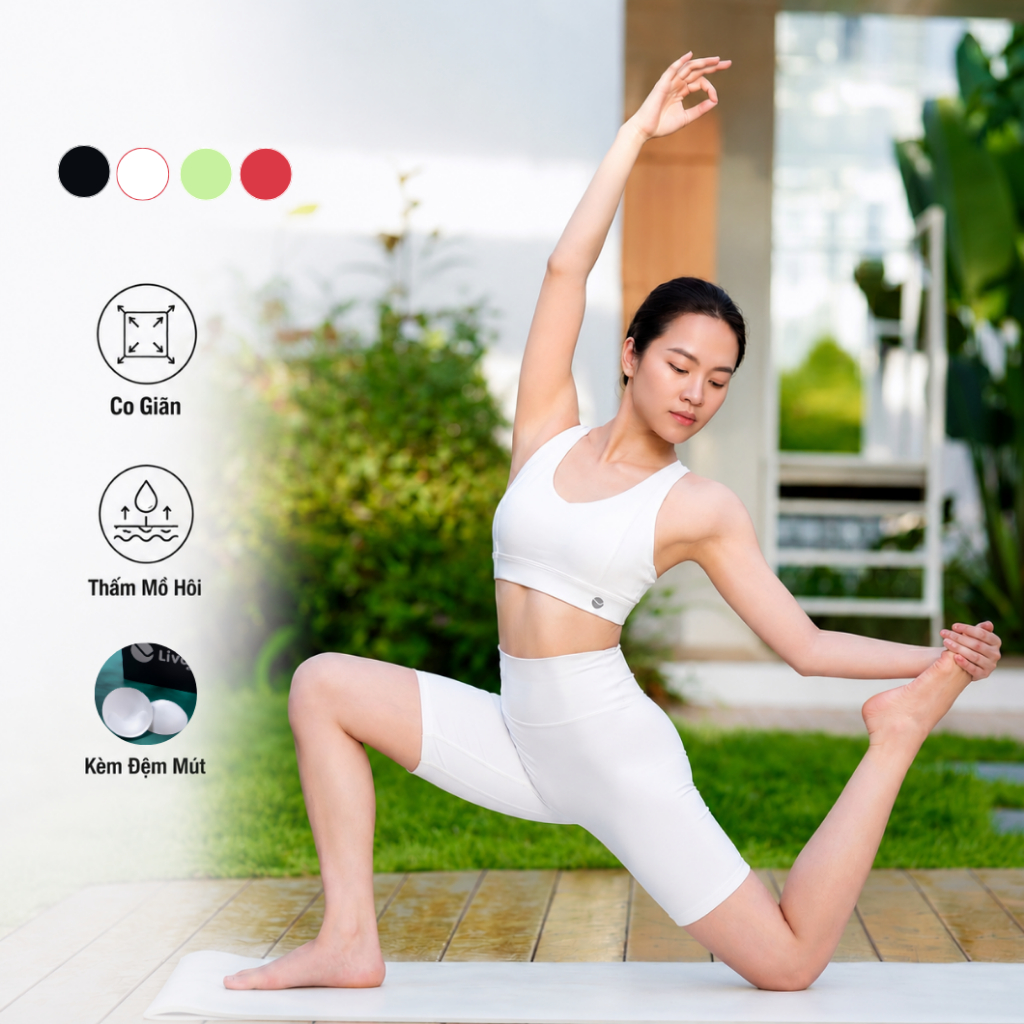LV26S01F525 Bộ Tập Nữ Áo Bra Cổ Tim Kèm Đệm & Quần Biker, Bộ Tập Yoga Gym Pilates Nữ Co Giãn, Thoải 