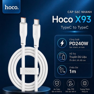 Cáp sạc nhanh PD240W Type-C to Type-C Hoco X93 dây dẻo TPE cao cấp dùng cho Laptop,máy tính,.. dài 1M