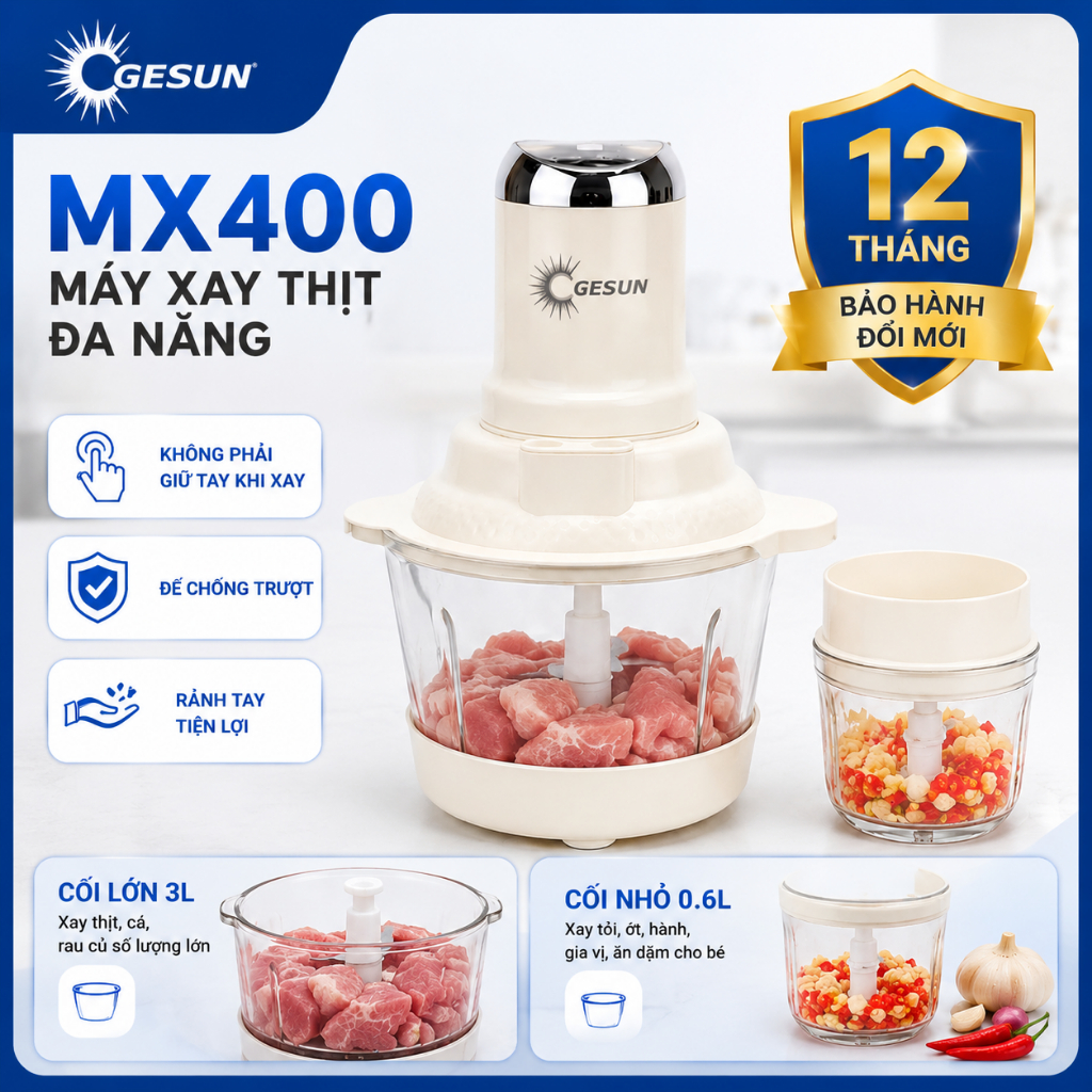 Máy Xay Thịt GESUN MX400 400W Cối Thủy Tinh 3L + 0.6L Cảm Ứng 1 Chạm Động Cơ Lõi Đồng Trộn Bột Đánh 