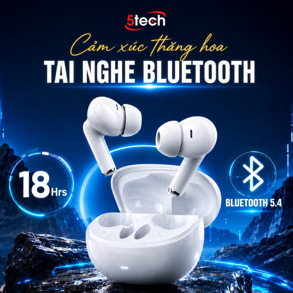 Tai nghe bluetooth không dây 5TECH E5 bluetooth 5.4, pin đến 18H, siêu nhẹ-  hiệu ứng âm thanh HIFI 