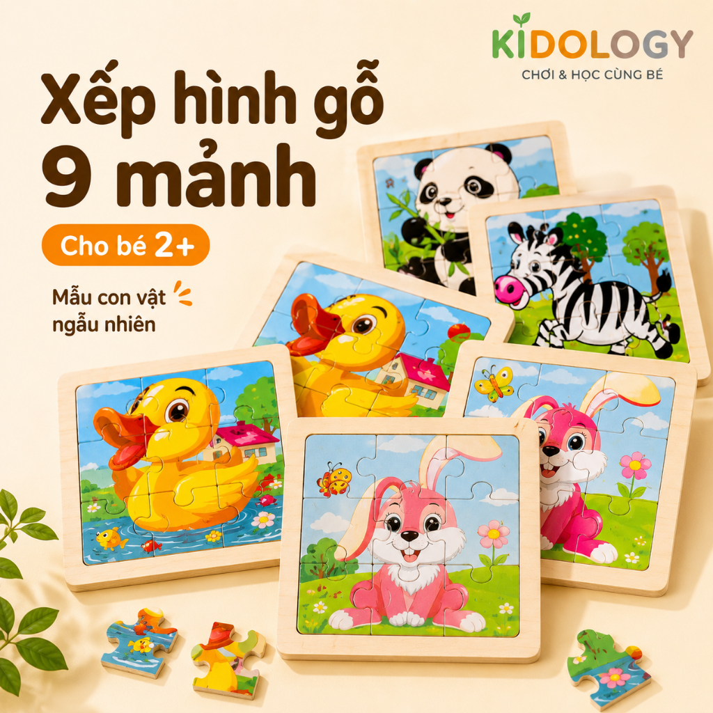 Puzzle gỗ 9 mảnh cho bé - Đồ chơi ghép hình đầu tiên cho bé nhỏ - Kidology