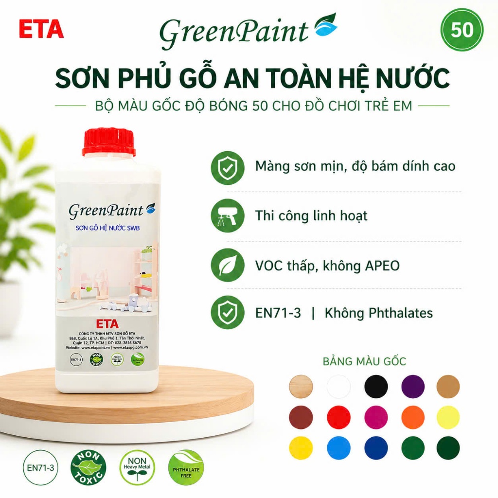 Sơn phủ màu đồ chơi gỗ ETA hệ nước – Bộ màu gốc – An toàn EN71-3 – 1kg - Độ bóng 50