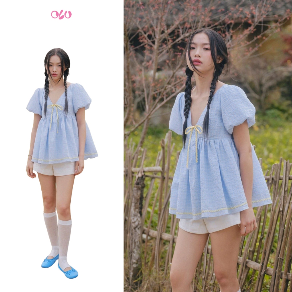 Áo OLV babydoll tay phồng pastel Blue Bow Puff Sleeve Vneck Top phù hợp đi chơi đi biển | BigBuy360 - bigbuy360.vn