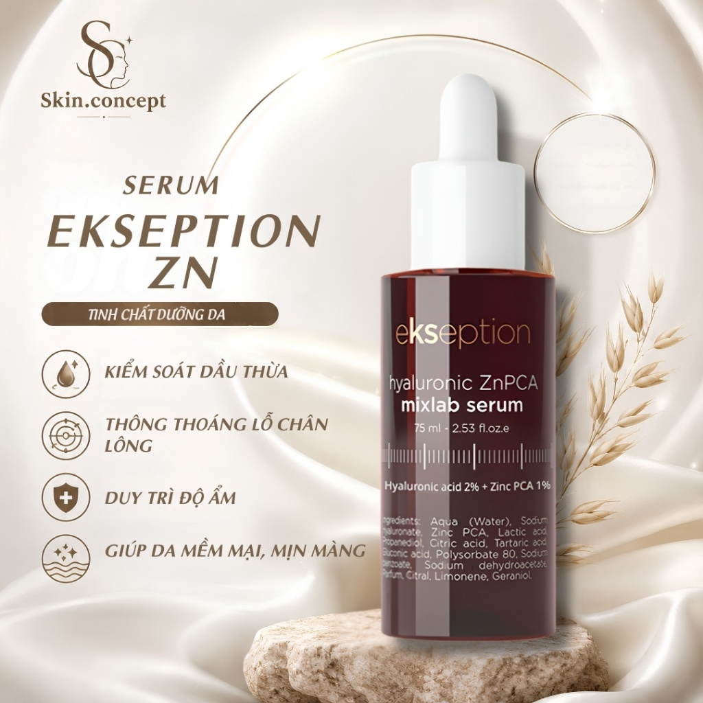 Serum kẽm Ekseption Hyaluronic ZnPCA, HA+1% ZnPCA giảm mụn, kiềm dầu 75ml