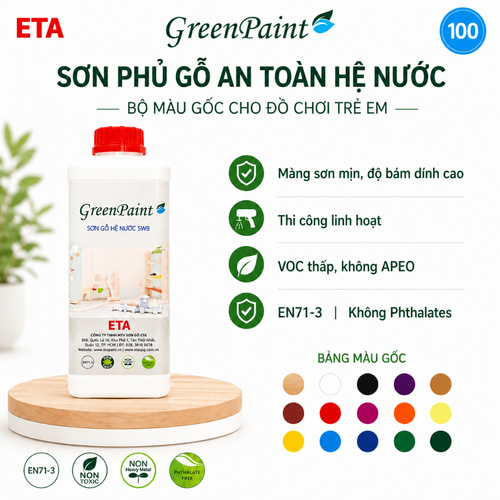 Sơn phủ màu đồ chơi gỗ ETA hệ nước – Bộ màu gốc – An toàn EN71-3 – 1 kg - Độ bóng 100