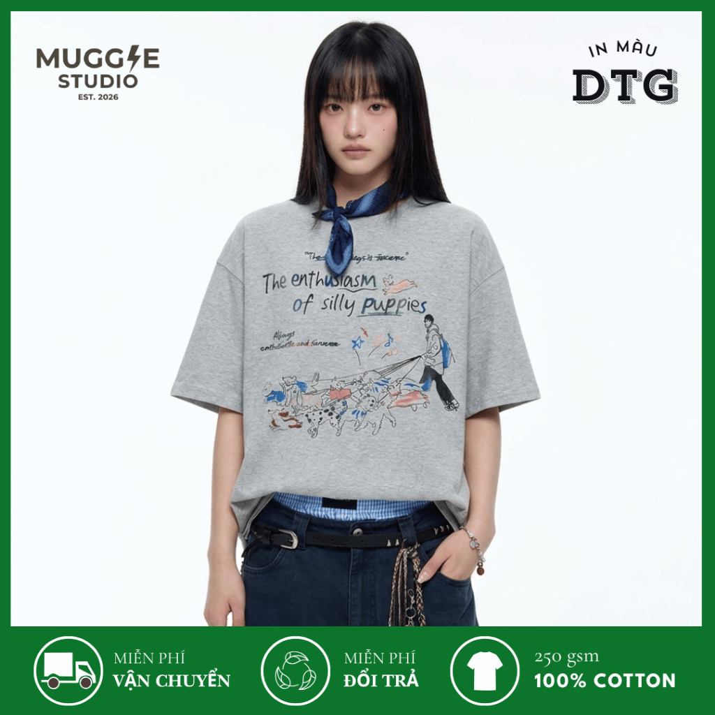 MUGGLE Áo Thun Oversize In DTG Dắt Chó Đi Dạo, 100% Cotton 250GSM Form Rộng Unisex, Graphic Tee Stre