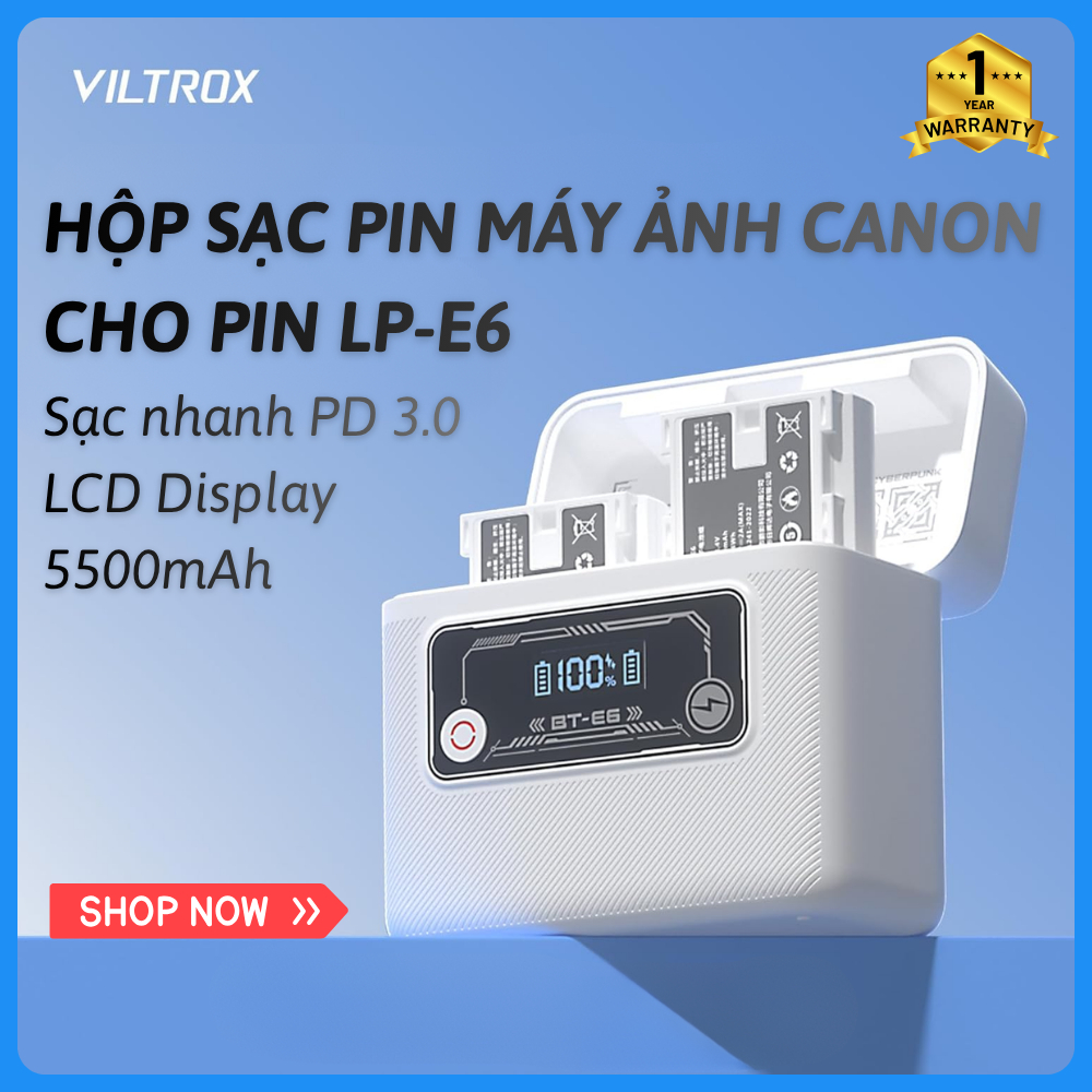 VILTROX BT-E6 - Hộp Sạc Pin Máy Ảnh CANON LP-E6, Hộp Sạc Nhanh 2 Chiều, Dock Sạc Pin LP-E6 - Bảo Hàn