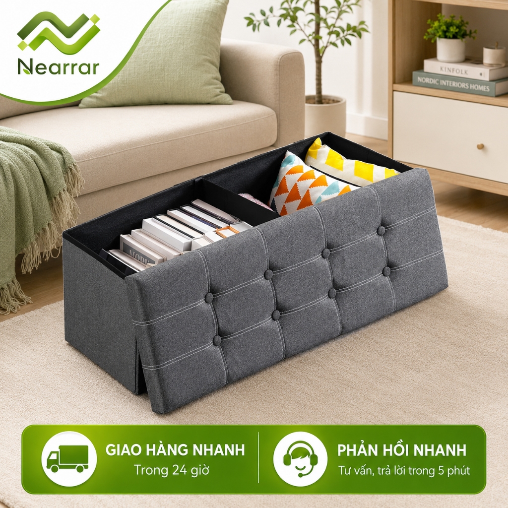 Ghế Đôn Chứa Đồ Gấp Gọn Ghế Băng Có Nắp Đựng Đồ Vải Linen Chịu Lực Tốt Để Cuối Giường Phòng Khách
