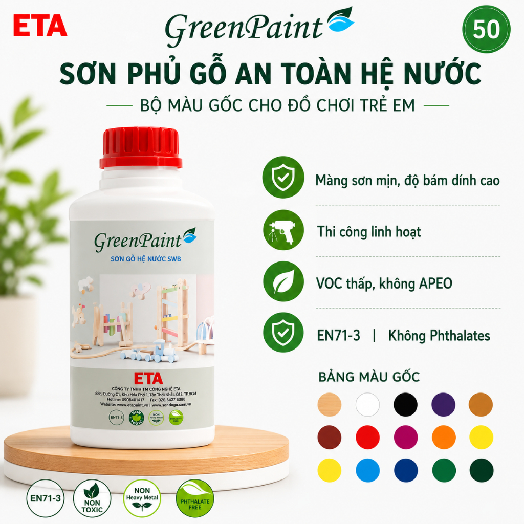 Sơn phủ màu đồ chơi gỗ ETA hệ nước – Bộ màu gốc – An toàn EN71-3 –0.5kg - Độ bóng 50