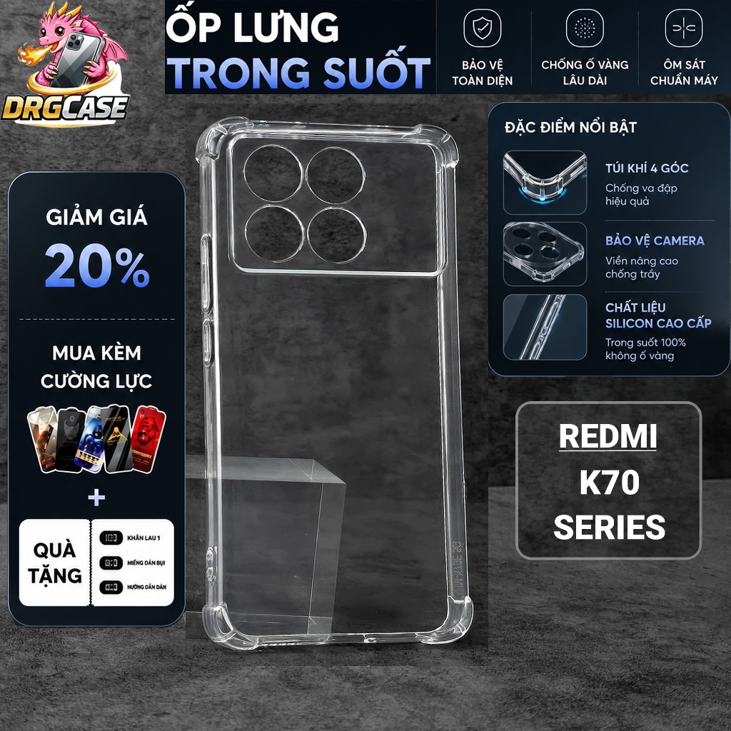 Ốp lưng Redmi K70, K70e, K70 Pro, K70 Ultra Dragoncase trơn trong suốt | Ốp lưng điện thoại Xiaomi d