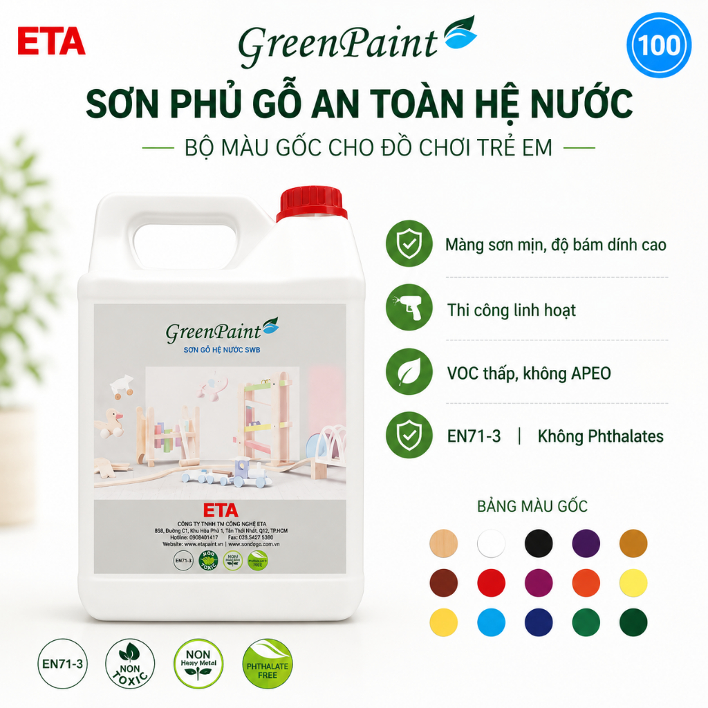 Sơn phủ màu đồ chơi gỗ ETA hệ nước – Bộ màu gốc – An toàn EN71-3 – 5kg - Độ bóng 100