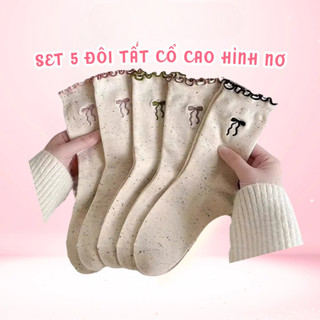 [Peinn] Set 5 Đôi Tất Vớ Nữ Cổ Cao Cotton HÌNH NƠ Muối Tiêu Phối Viền Bèo Hàn Quốc BT46