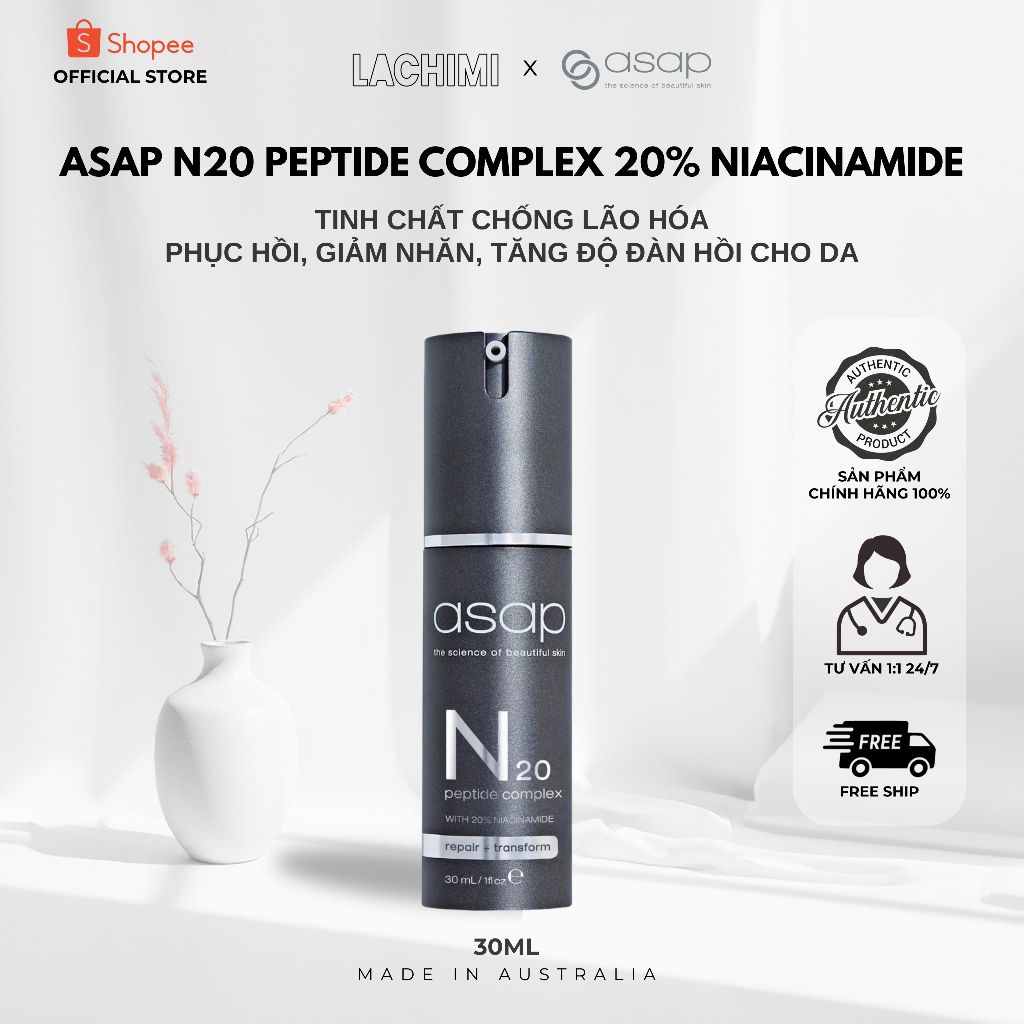 Tinh chất chống lão hóa Asap N20 Peptide Complex phục hồi, giảm nhăn, tăng độ đàn hồi Lachimi Beauty