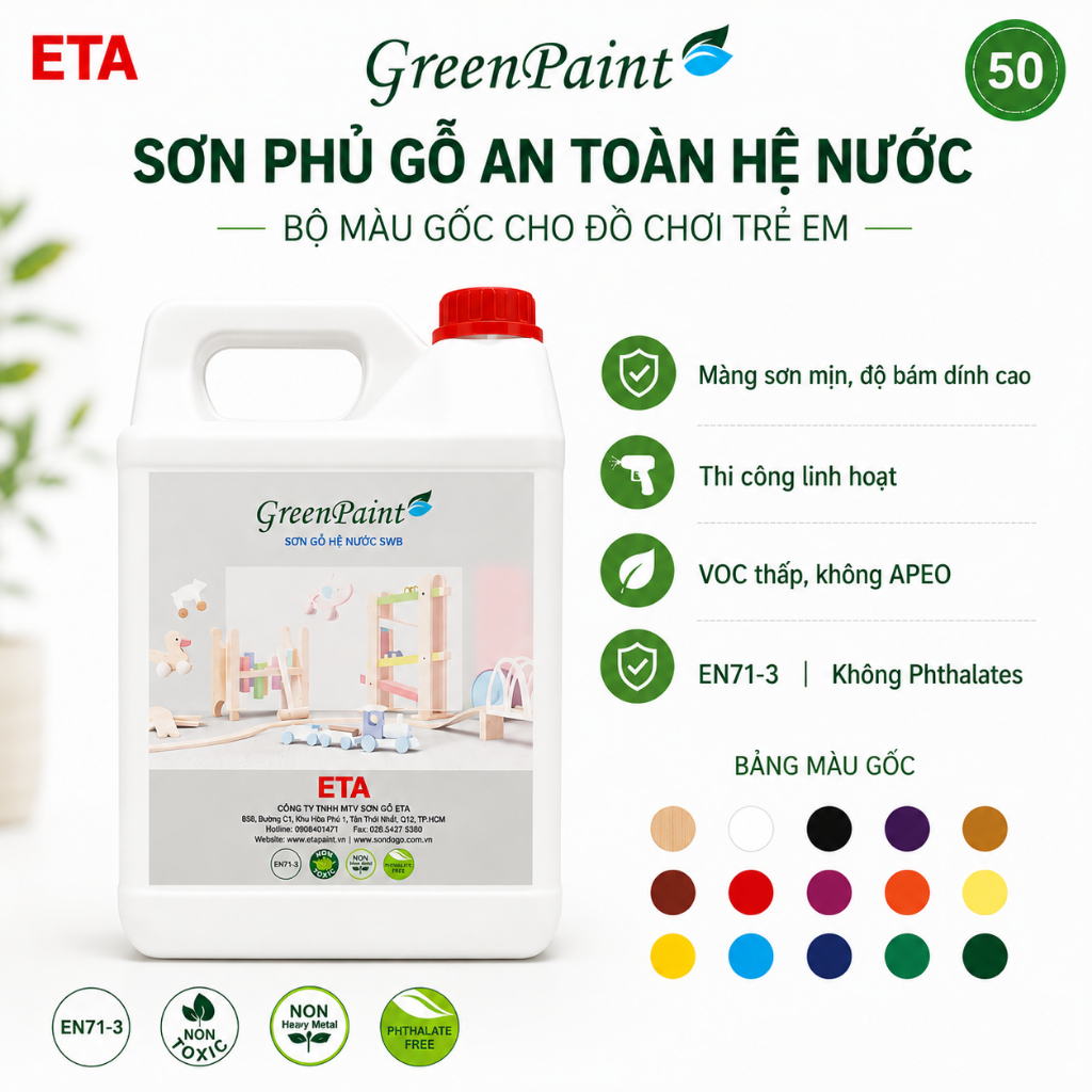 Sơn phủ màu đồ chơi gỗ ETA hệ nước – Bộ màu gốc – An toàn EN71-3 – 5kg - Độ bóng 50