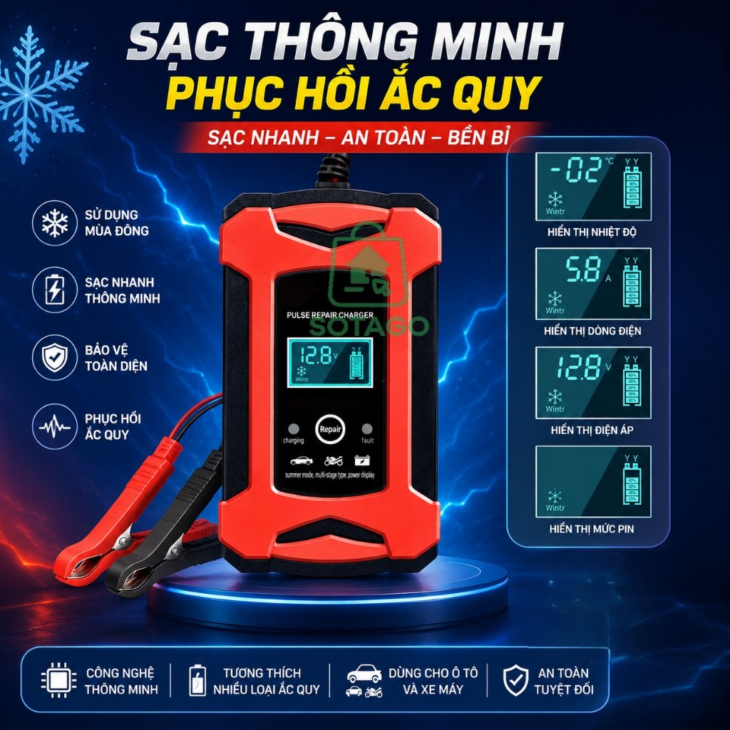 Sạc bình acquy xe máy 12V - 100ah, bộ sạc bình acquy cho xe máy đến ô tô tự động ngắt khi đầy