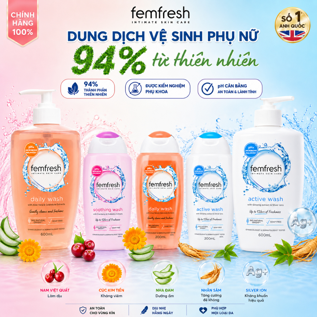 [Nhập Khẩu Tem Phụ] Dung Dịch Vệ Sinh Phụ Nữ Femfresh 250ml bản Anh, 600ml bản Úc
