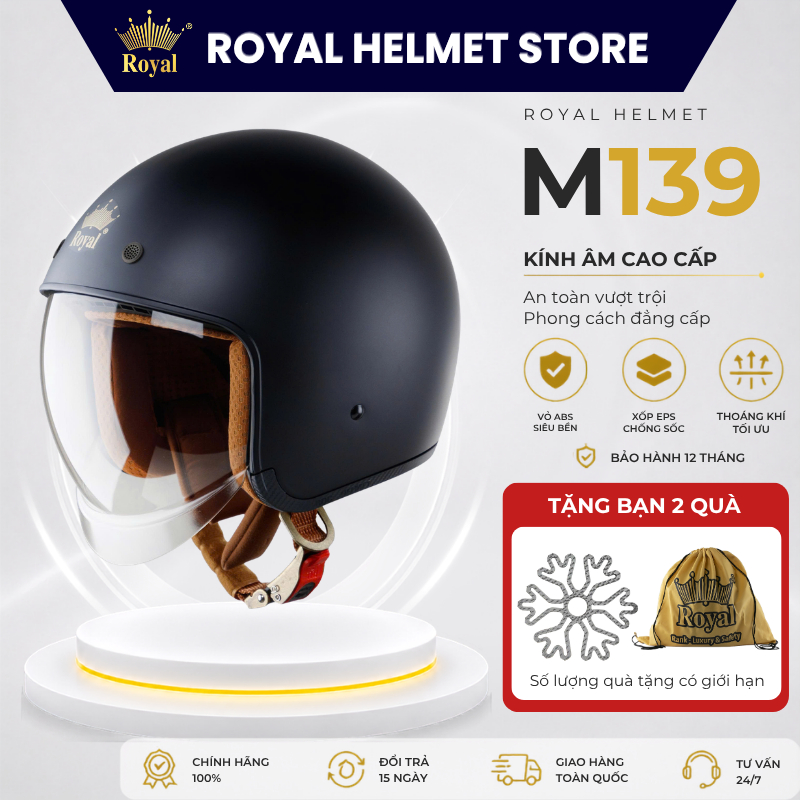 Mũ Bảo Hiểm 3/4 Royal M139 Chính Hãng Nam Nữ Kính Âm Dài  Chắn Gió Chống Tia UV