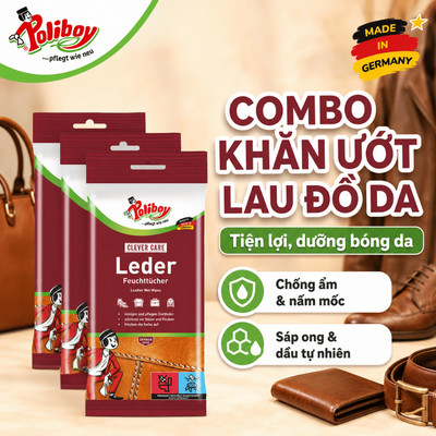 [Nội Địa Đức] Combo Khăn Lau Đồ Da POLIBOY - Vệ Sinh Giày, Túi, Tẩy Mốc, Dưỡng Ẩm, Gói 20 Tờ