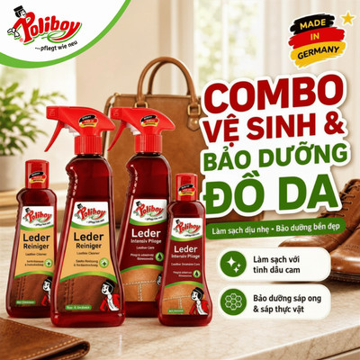 [Nội Địa Đức] Combo Chăm Sóc Đồ Da Poliboy - Vệ Sinh, Phục Hồi, Chống Ẩm Mốc (Giày, Túi, Sofa)