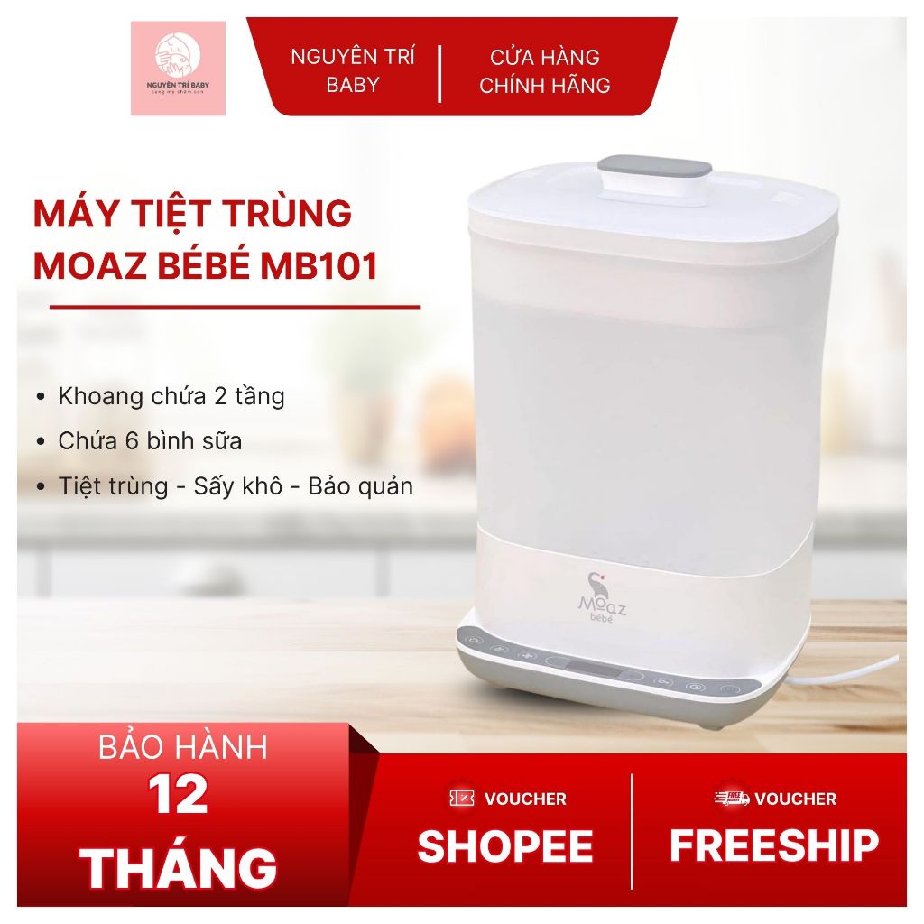 Máy tiệt trùng hơi nước và sấy khô Moaz bébé MB101 | Chứa 6 bình sữa và phụ kiện | Bảo hành 12 tháng