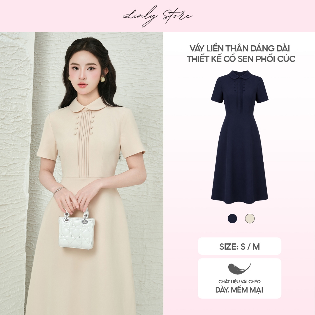 Váy liền thân dáng dài thiết kế cổ sen phối cúc, đầm kiểu nữ xếp ly ngực tiểu thư Linly Store V-VD11
