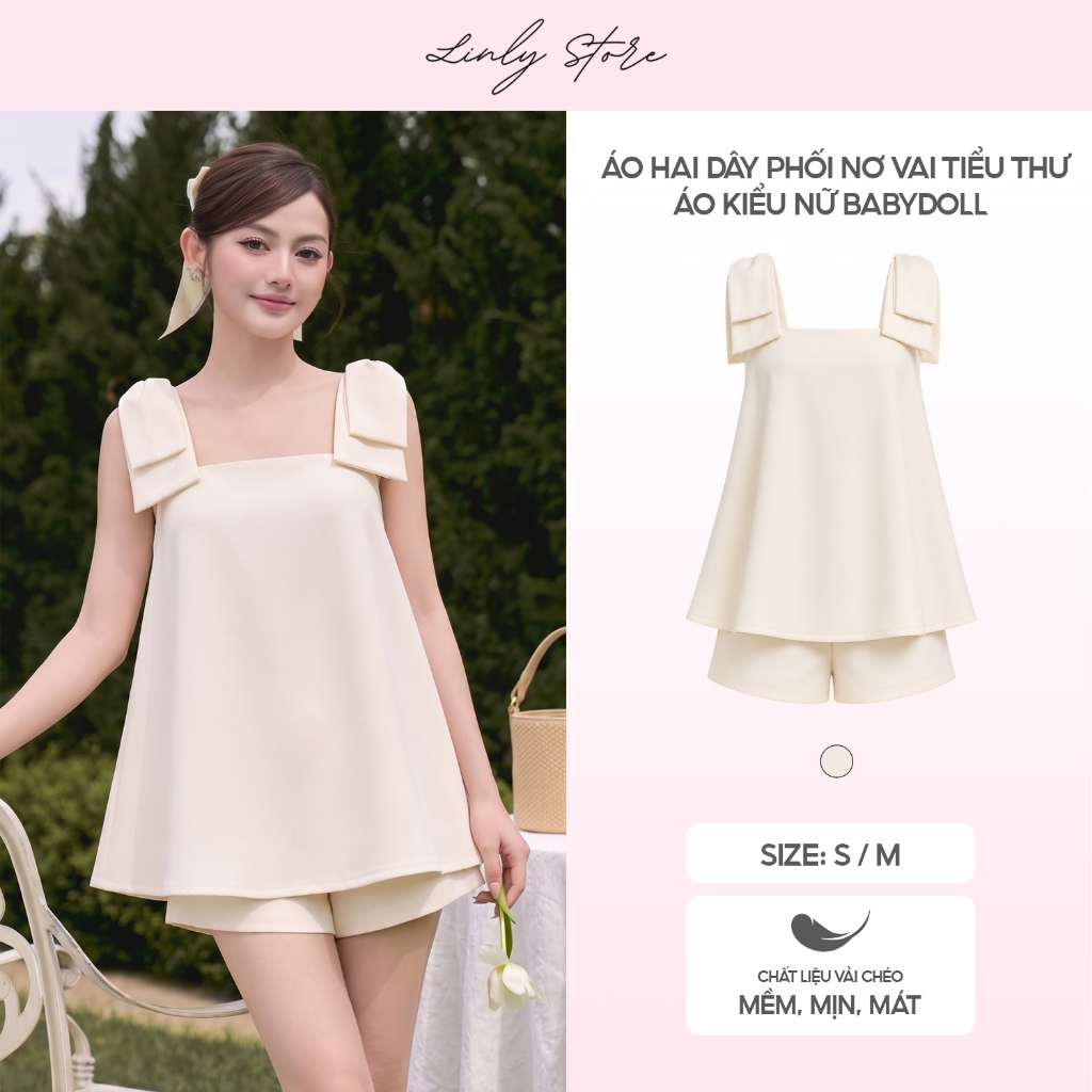 Áo hai dây phối nơ vai tiểu thư, áo kiểu nữ babydoll đi chơi Linly Store A-DN | BigBuy360 - bigbuy360.vn