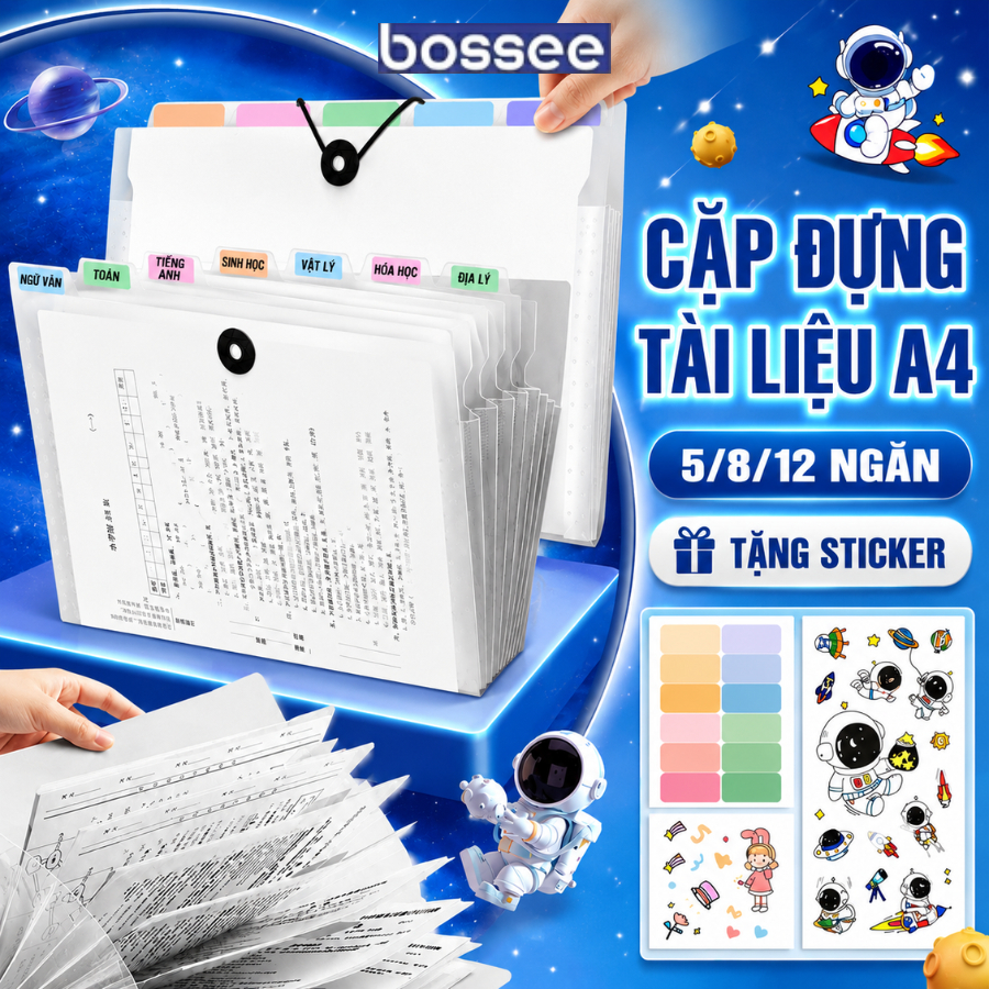 Cặp File Hồ Sơ Nhiều Ngăn Khổ A4 Bossee - Túi Đựng Tài Liệu Phân Trang 5/8/12 Ngăn Tiện Lợi Cho Học Sinh Văn Phòng
