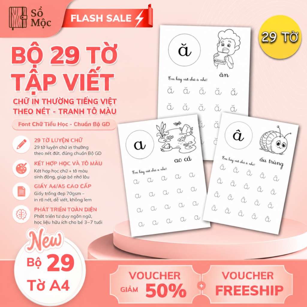 Bộ 29 Tờ Giấy Tập Viết Chữ In Thường Tiếng Việt Theo Nét - Font Chữ Tiểu Học - Tranh Tô Màu