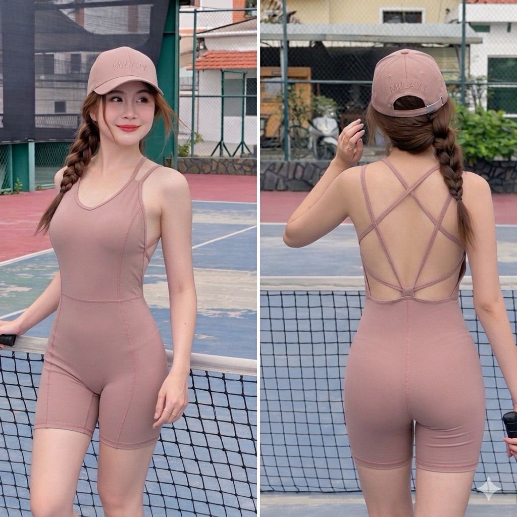 Jumpsuit Thể Thao Nữ MILAVY Ngắn Đan Dây Lưng Kèm Mút