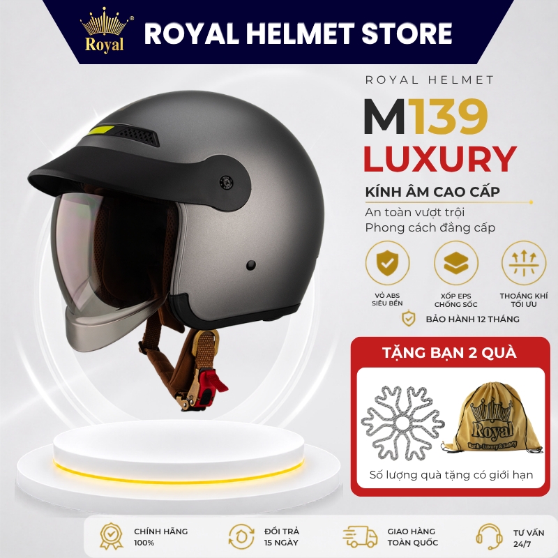 Mũ Bảo Hiểm 3/4 Royal M139 Luxury Kính Âm Kết Hợp Lưỡi Trai, Nón Bảo Hiểm Royal 3/4 Hợp Nam Nữ