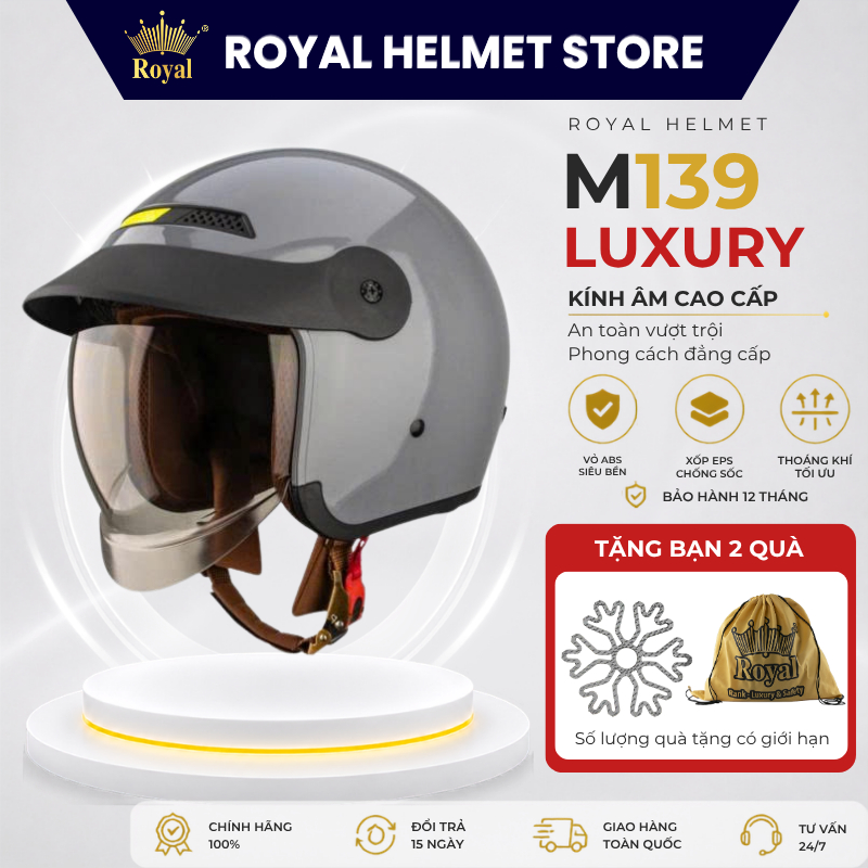 Mũ Bảo Hiểm 3/4 Royal Chính Hãng M139 Luxury Cao Cấp Có Kính Chắn Và Lưỡi Trai Che Nắng