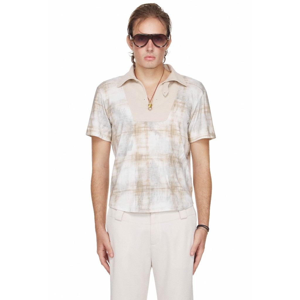 Áo Polo Nam Cổ Xẻ Hoạ Tiết Màu Be - BEUTER® SHAPED RELAXED FIT COLLARED SPLIT-NECK POLO - BEIGE