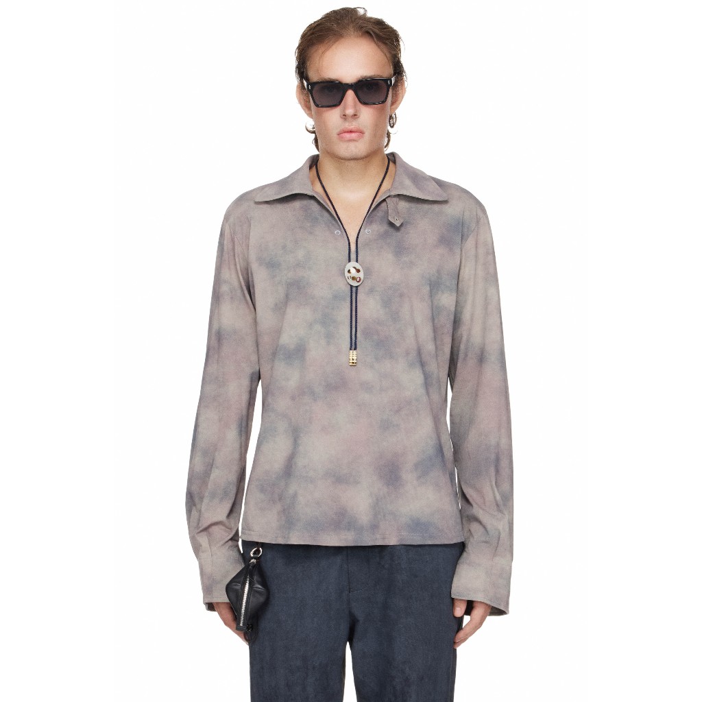 Áo Polo Nam Tay Dài Cổ Xẻ Hoạ Tiết Màu Xám - BEUTER® SHAPED RELAXED COLLARED SPLIT-NECK LONG SLEEVE 