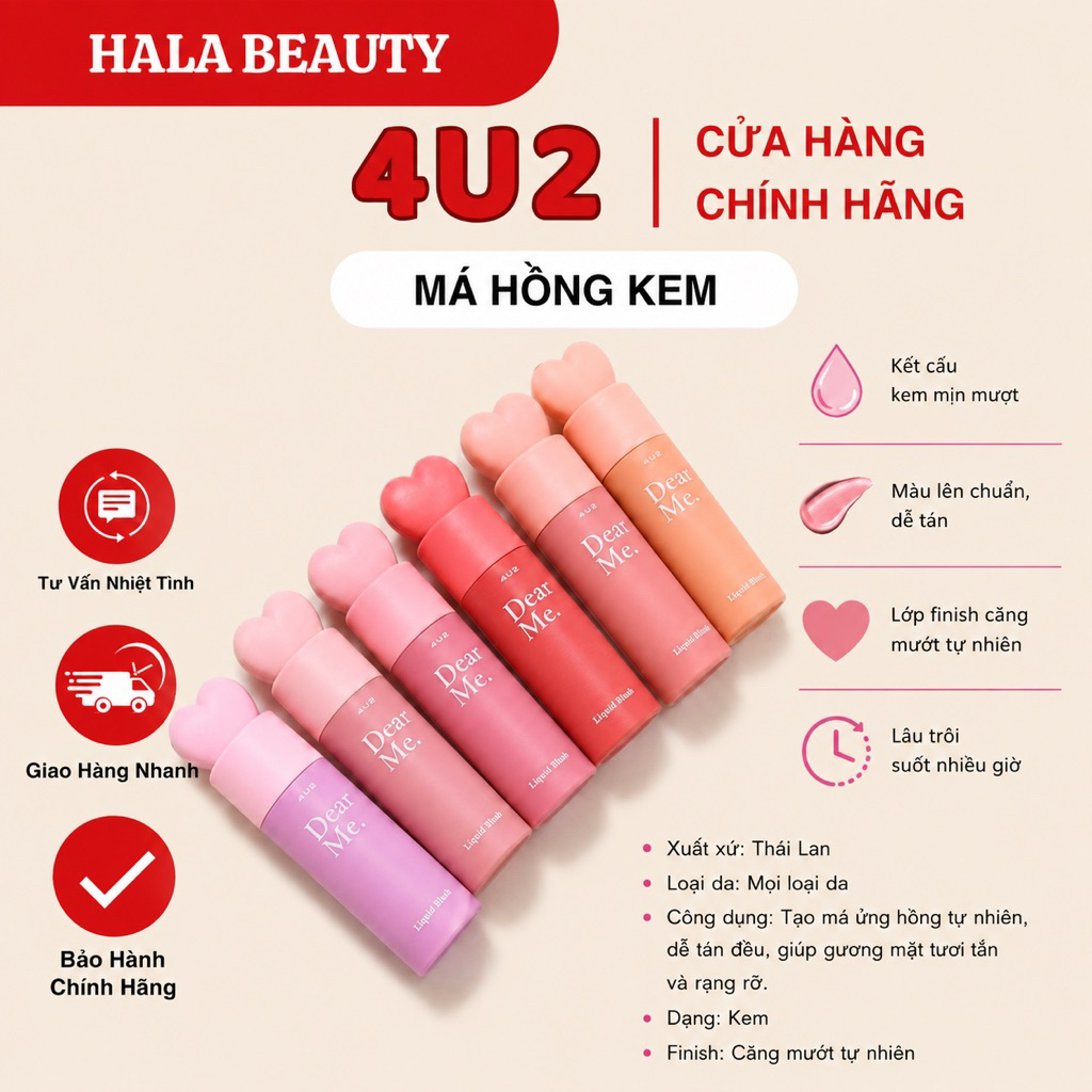 [4U2] Má Hồng Kem 4U2 Dear Me Liquid Blush – Mịn Lì Tự Nhiên, Dễ Tán, Lên Màu Chuẩn, Má Hồng Trong T