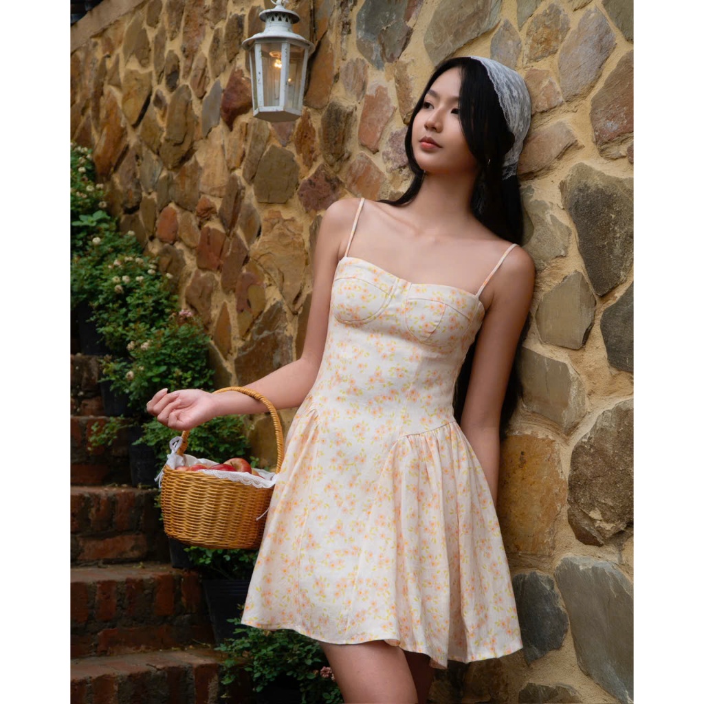 𝗖𝗹𝗼𝘁𝗵𝗲𝘀 𝗕𝗮𝗿 - Angela Mini Dress (Amber Dawn) | Đầm Mini Cam Nhạt Linen Premium Hai Dây Cúp Ngực