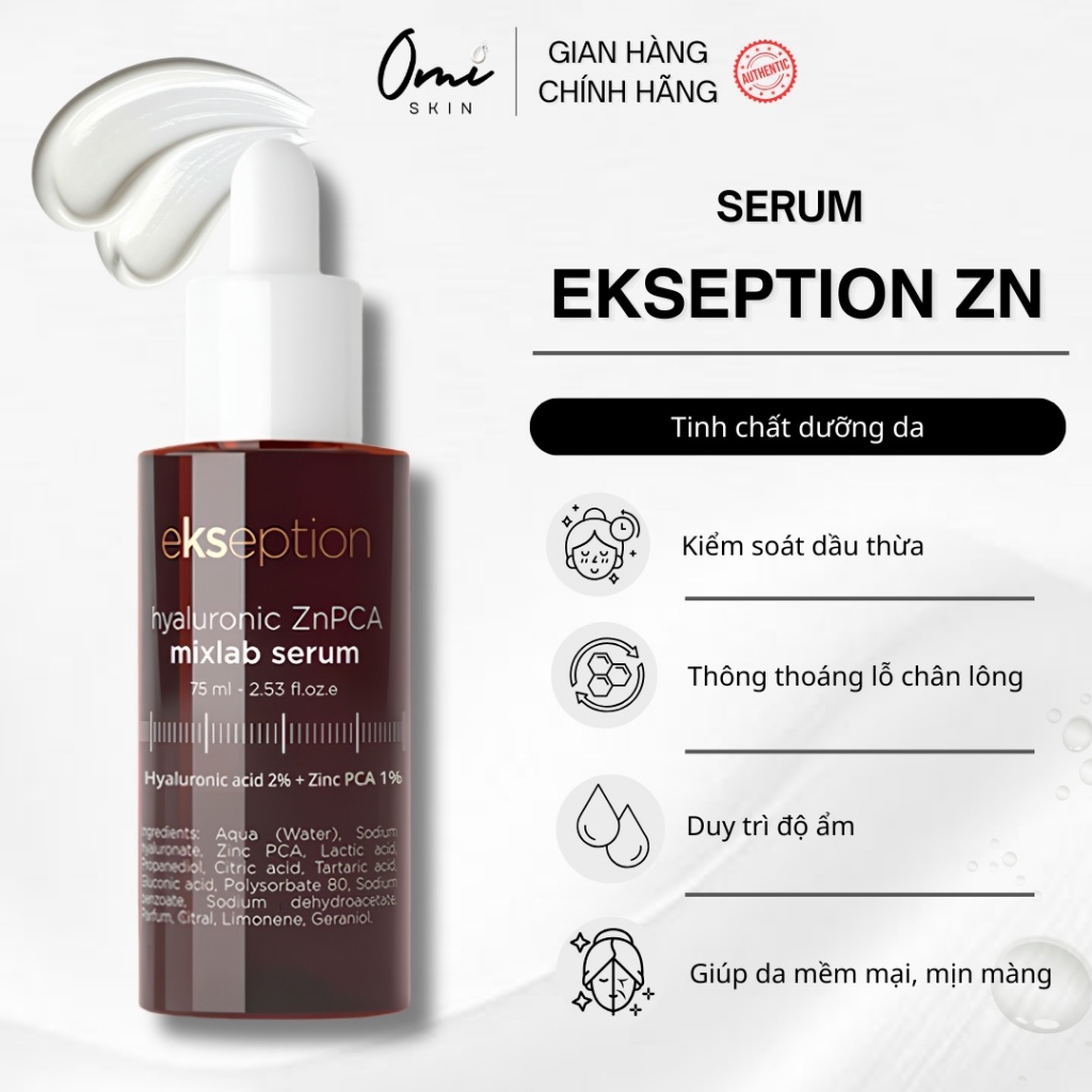 Serum kẽm Ekseption Hyaluronic ZnPCA, HA + 1% ZnPCA giảm mụn, kiềm dầu 75ml
