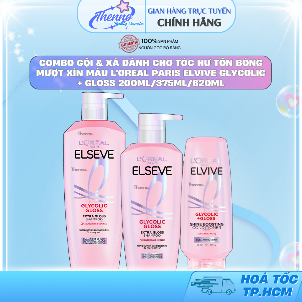Combo Gội & Xả Dành Cho Tóc Hư Tổn Bóng Mượt Xỉn Màu L'Oreal Paris Elvive Glycolic + Gloss 200ml/375